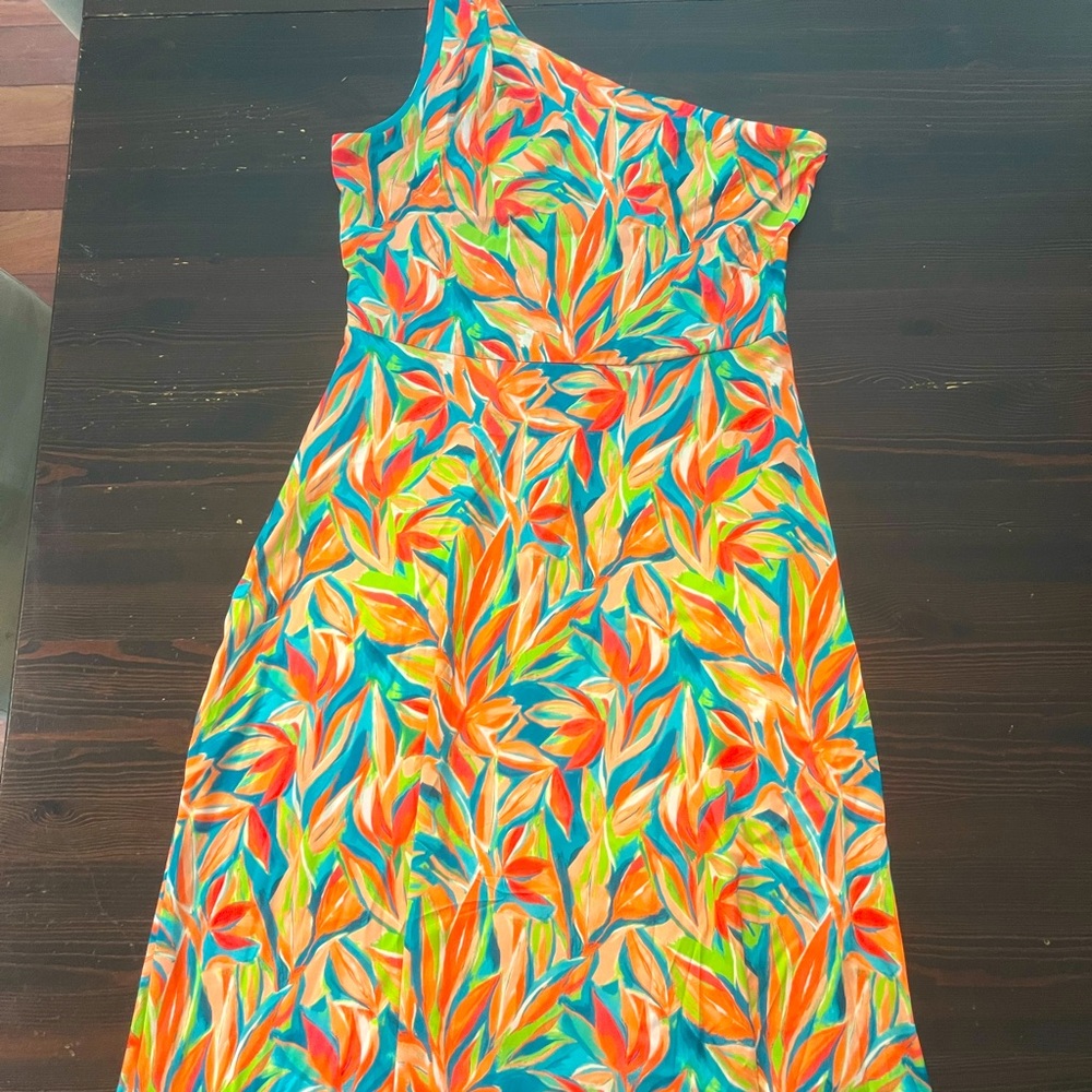 Nicole Miller NY Floor Length beautiful one shoulder dress with bright pattern